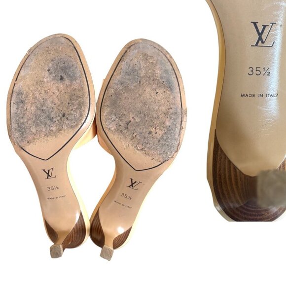 authentic LOUIS VUITTON Nude Beige LV Charm Logo Buckle Kitten Sandals Heels 5.5 - Picture 7 of 7